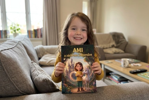 A child holding the printed hardback book